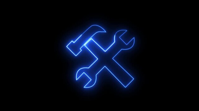 Glowing blue neon wrench and hammer crossed tools icon loop animation on black background for construction, repair, settings, under maintenance, and technical support concept black background.