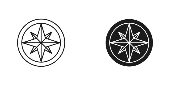Compass star navigation icon set in linear and solid styles with navigation direction orientation adventure location