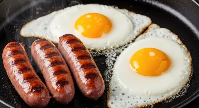 A close-up of sizzling sunny-side-up eggs and savory pork sausages browning on a black cast iron griddle for a hearty morning breakfast, brown, heat, preparation