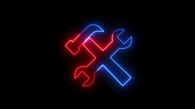 Glowing red and blue neon wrench and hammer crossed tools icon loop animation on black background for construction, repair, settings, and technical support concept