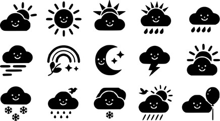 Fototapeta premium Cute meteorology weather forecast vector silhouette icon set featuring smiling cartoon suns, happy clouds, rain showers, starry crescent moons, lightning storms, and winter snowflakes.