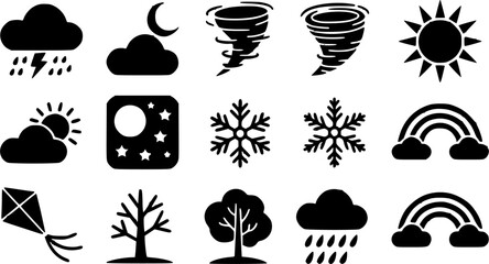Fototapeta premium Minimalist climate and season weather forecast vector silhouette icon set featuring storm clouds, rotating tornado twisters, sunny sunbeams, winter snowflakes, and colorful rainbows.