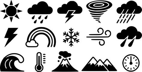 Fototapeta premium Minimalist weather forecast and natural disaster vector silhouette icon set featuring storm clouds, lightning thunderbolts, winter snowflakes, volcano eruptions, and tsunami ocean waves.