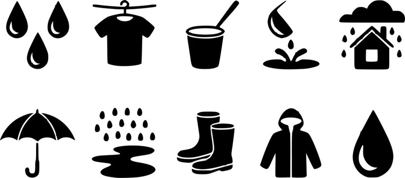 Minimalist monsoon season and rainy weather vector silhouette icon set featuring falling raindrops, wet clothes on hanger, umbrellas, rubber boots, and waterproof raincoats.