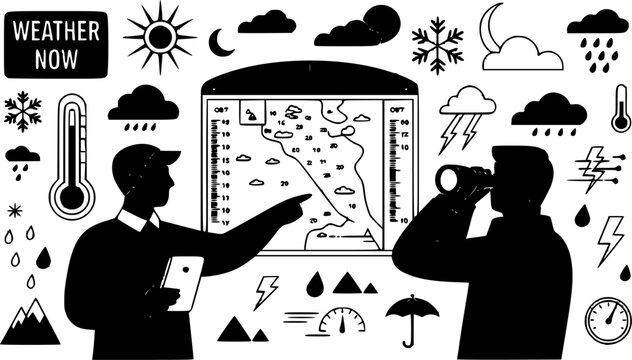 Professional meteorology forecaster team analyzing radar climate data maps and weather forecast icons in a minimalist black and white vector illustration.