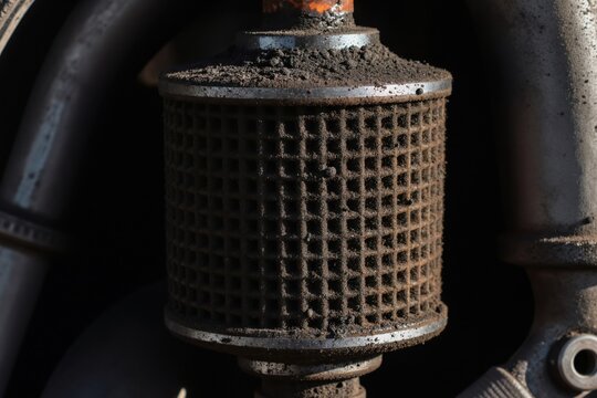 Dirty diesel particulate filter clogged with soot. Shows buildup on exhaust trap component. Needs auto service repair. Maintenance reminder for car engine.
