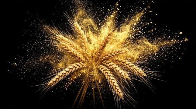 Golden wheat stalks exploding with flour particles against a black background