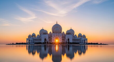 Obraz premium A peaceful morning scene showing a grand architectural building with domes over a still sea as the bright sun rises on the horizon line, tranquility, light, sunrise