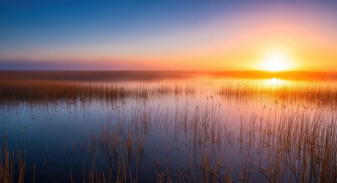 A peaceful fen landscape at sunrise featuring golden reeds reflecting in still marsh water beneath a soft morning mist and bright sky, glowing, stillness, peatland