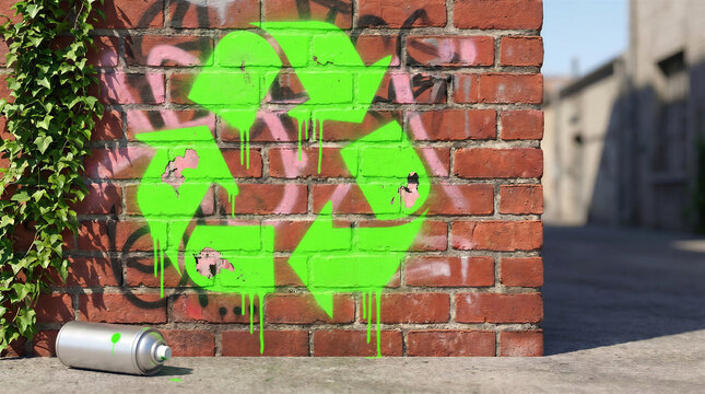 Vibrant green recycling symbol graffiti on a weathered brick wall in an urban alleyway, advocating for sustainability and environmental responsibility through powerful street art