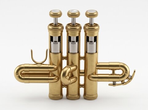 Detailed 3D rendering of a brass trumpet valve block assembly showcasing precision musical instrument mechanics