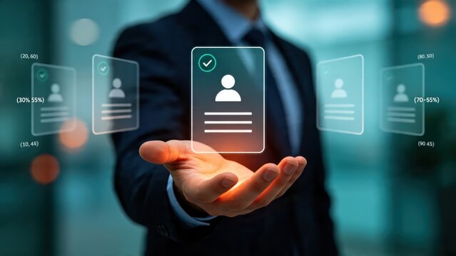 Hand holding holographic digital ID cards, virtual user profile management, secure personal data access, online account verification system