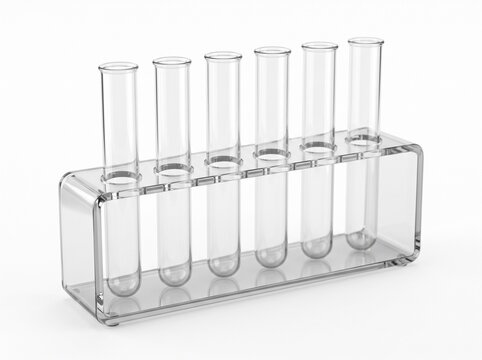 Empty glass test tubes in transparent acrylic rack isolated on white background
