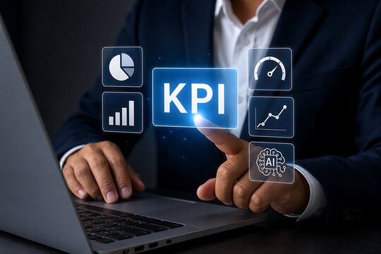 Business professional analyzing kpi data on laptop with holographic interface