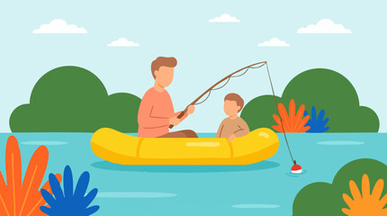 Happy father and son fishing from a boat on a serene lake illustration © ObStock