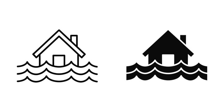 House flooding and natural disaster icon set with disaster insurance building emergency property protection