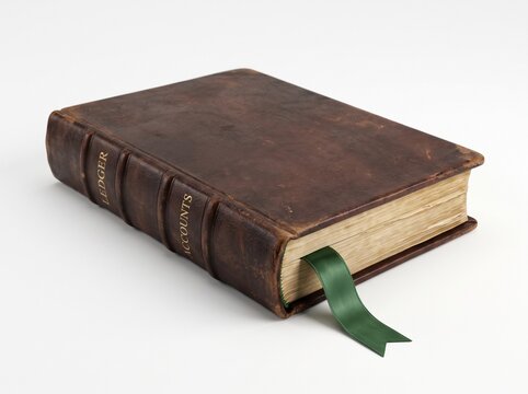 Vintage Leather Bound Accounting Ledger Book with Green Ribbon Bookmark on White Background