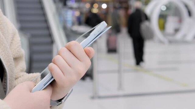 Hands holding tablet in shopping mall. Background shows escalator and blurred people. Modern interior with white circular decor. Person wears beige jacket, focused on device