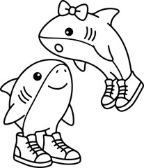 Fototapeta premium Outline illustration of two shark siblings wearing sneakers