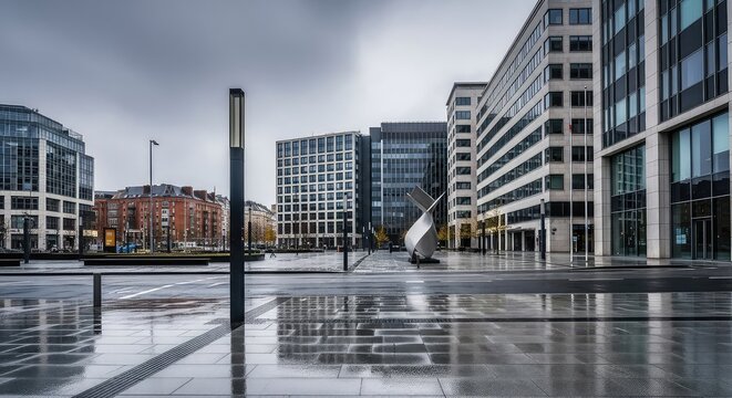 Las calles urbanas vac&iacute;as bajo un cielo gris de tarde nublada muestran el pavimento h&uacute;medo y la arquitectura contempor&aacute;nea de una gran ciudad, moodiness, structure, streetlights