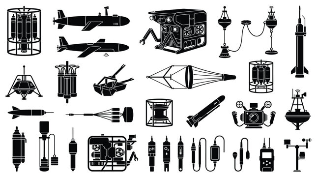 Oceanographic research equipment icons set