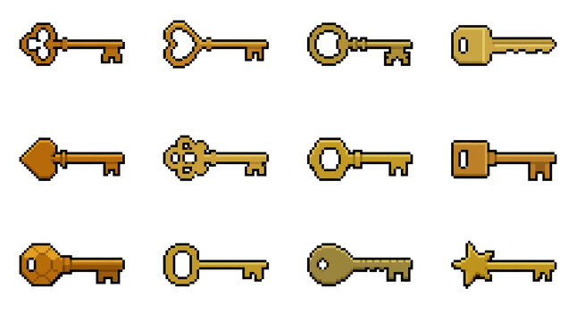 Decorative brass pixel art key icon collection.