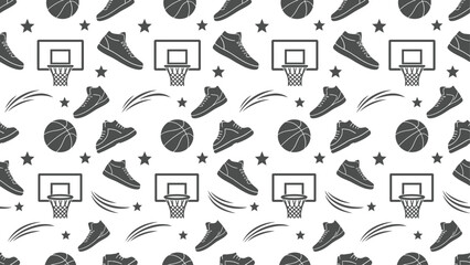 Seamless vector pattern featuring basketball hoops, shoes, and balls. Vector EPS illustration. © Dijee Art