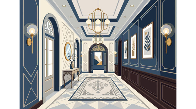 Elegant Hallway Interior Design, Luxury Corridor with Art and Chandelier