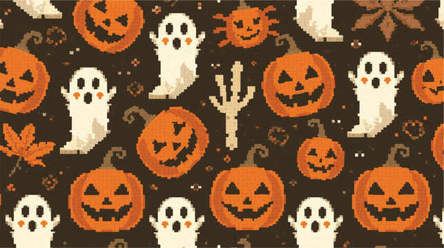 A festive and colorful seamless pattern featuring pixel art style jack-o-lantern pumpkins and cute friendly ghosts on a dark background for Halloween.