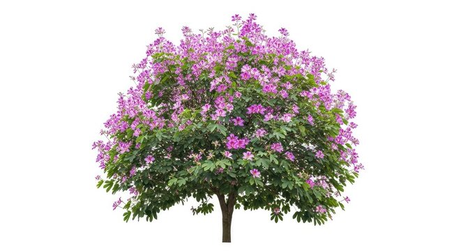 Vibrant bauhinia purpurea tree featuring unique split leaves and purple flowers completely isolated on a pure white background for masking, cutout, heart-shaped, bauhinia purpurea