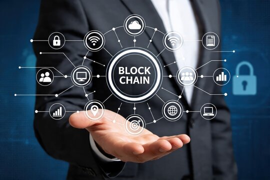 Hand holding blockchain technology network concept, decentralized digital ledger system with icons representing cryptocurrency, cloud computing