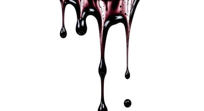 Viscous dark fluid trickles down a bright white background, forming thick droplets and streaked textures with sharp contrast and minimalist style, contrast, dense, paint