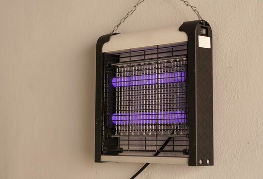 Electric insect zapper with UV lamps and metal grid on a wall. Effective for pest control in commercial kitchens and homes.