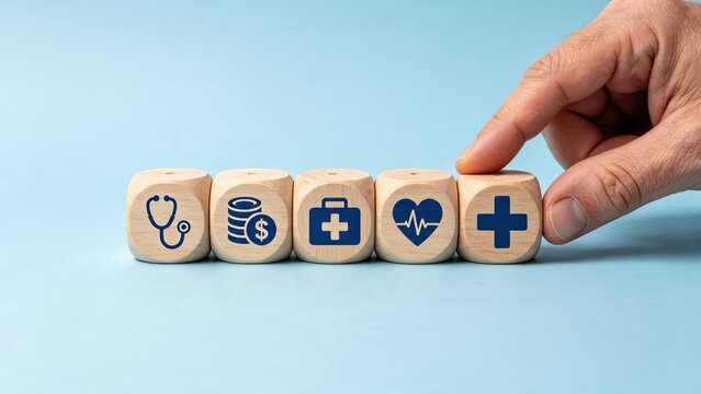 Hand turning wooden cube with medical cross symbol next to blocks showing stethoscope, money coins