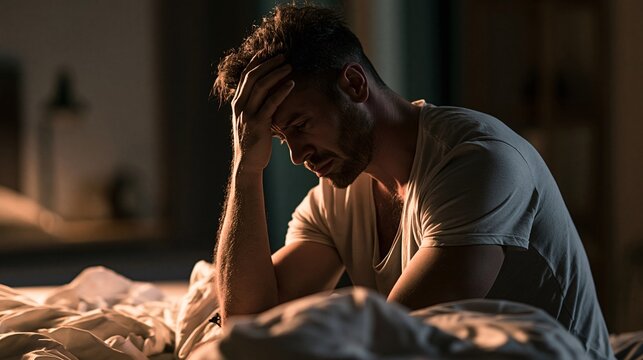 Weary man sits in bed, hand on forehead, eyes closed, bathed in dim, warm light.