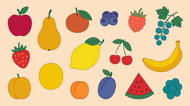 Collection of colorful cartoon fruits on a light background