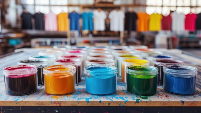 A vibrant and professional screen-printing workshop in action, with multiple printing screens, colorful ink jars, and custom T-shirts hanging to dry. Workers actively handling the printing process. In