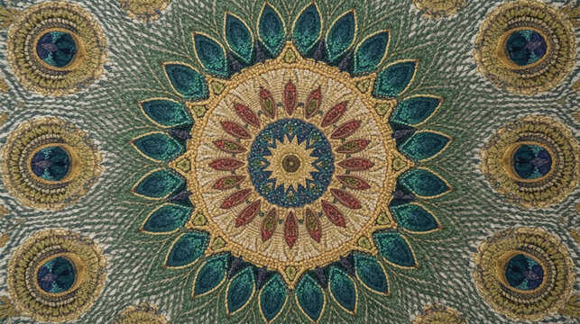 A beautiful and detailed circular mandala design featuring vibrant green and orange floral elements with complex geometric patterns on a textured grey surface.