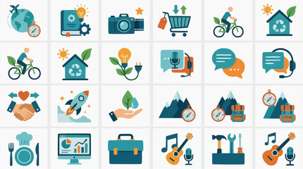 Fototapeta premium Collection of diverse flat design icons representing travel business technology and lifestyle concepts