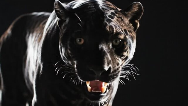 Black jaguar bares teeth with menacing look in a studio shot against a dark background, closeup
