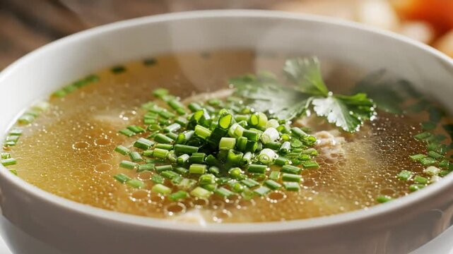 Savory bowl of hot chicken broth soup with fresh chives and parsley for a comforting meal