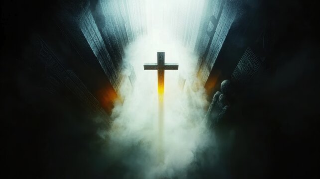 Golden rays pierce through the clouds, bathing the cross in radiant light. The scene zooms out to reveal a glowing halo, with faint outlines of Egyptian ankhs and Celtic crosses fading in.