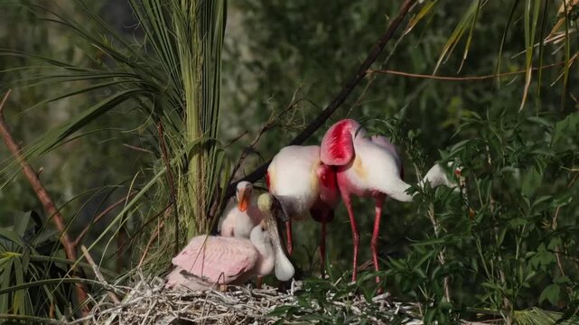 Baby roseate spoonbill chicks in the nest begging for food at sunset time