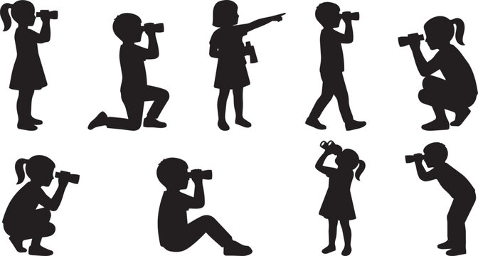 Silhouettes of children using binoculars in various poses for exploration birdwatching and discovery
