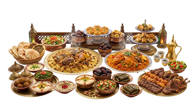 Traditional Arabic food feast with lamb kabsa and grilled meat, Middle Eastern cuisine banquet for Ramadan, authentic Lebanese mezze and sweets isolated PNG with Transparent Background