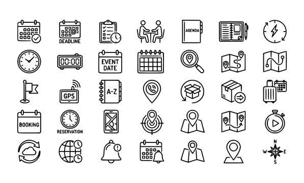 Modern Time Management and Navigation Outline Icons Pack Editable Stroke Business Scheduling Vector Set