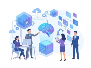 Naklejka premium Modern tech presentation featuring artificial intelligence, machine learning, and brain concept, flat vector design