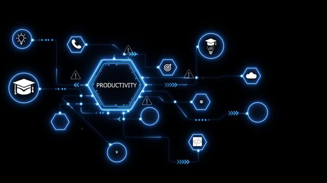Improving work efficiency through connected digital systems, productivity network animation with glowing data flows and performance focus. 4k animation video on transparent background.