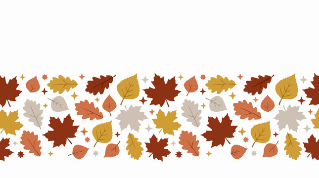 Autumn Leaves and Stars Seamless Border Pattern on White Background