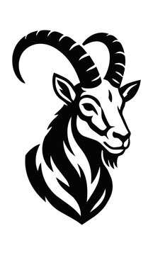 Minimalist black silhouette of a mountain goat with negative space details isolated on a white background, wildlife nature symbol concept